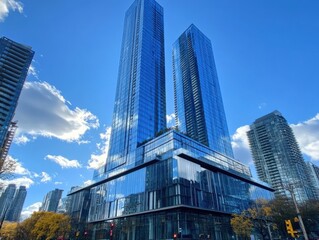 Obraz premium Modern Urban Landscape Featuring Tall Glass Skyscrapers Against a Blue Sky with Fluffy White Clouds and City Life Below