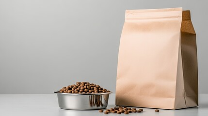 Two craft paper bags stand next to a metal bowl filled with dry pet food on a smooth gray surface, showcasing organized pet supplies