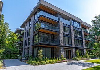Modern urban residential building with large glass windows and lush green surroundings, showcasing contemporary architectural design and spacious outdoor areas.