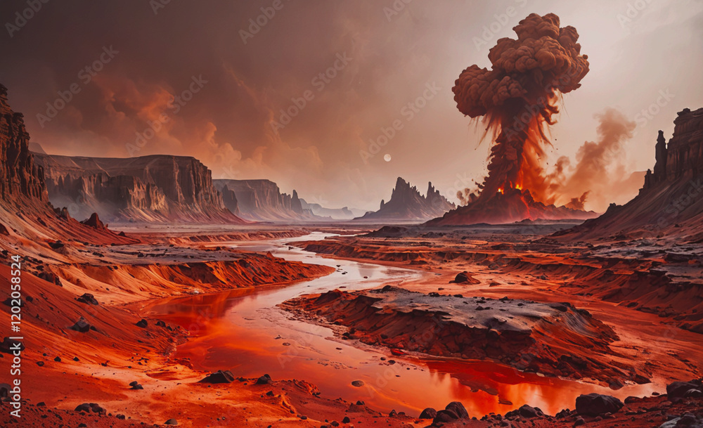 Poster A red and orange landscape with a river running through it. The sky is dark and cloudy. The scene is desolate and barren