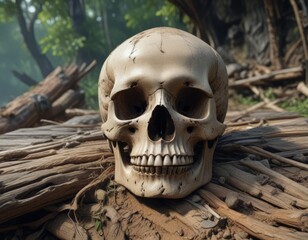 Ancient Skull buried under weathered wood toraja burial site , hidden, ancient, wooden