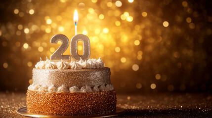 Happy birthday celebration 20th milestone cake and bokeh festive atmosphere