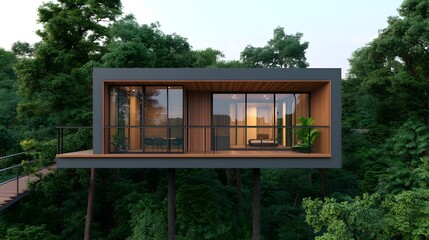 Elevated Futuristic Treehouse with Glass Panels Nestled in Lush Forest Surroundings