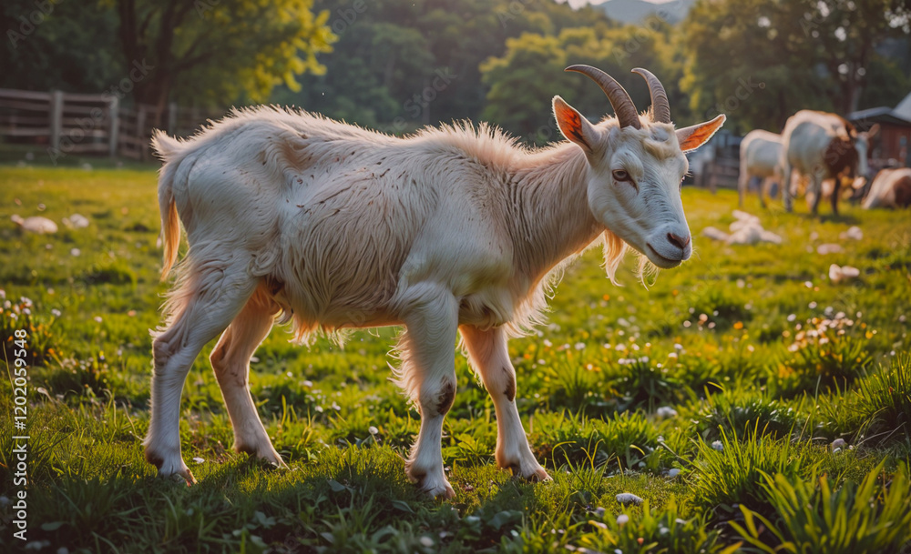 Poster a goat is walking through a field of grass. the goat is the only animal in the field
