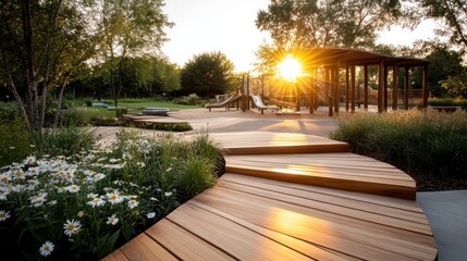 A serene sunset illuminates a modern playground surrounded by greenery, featuring wooden walkways and vibrant flowerbeds, ideal for children’s activities.