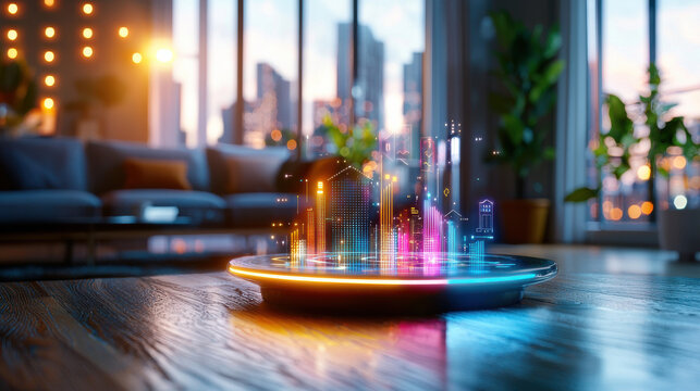 futuristic AI powered smart city model displayed in modern living room, showcasing vibrant colors and advanced technology. scene evokes sense of innovation and comfort - Powered by Adobe