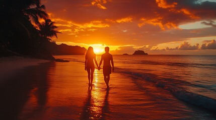 Fototapeta premium Couple Silhouetted at Sunset on Tropical Beach