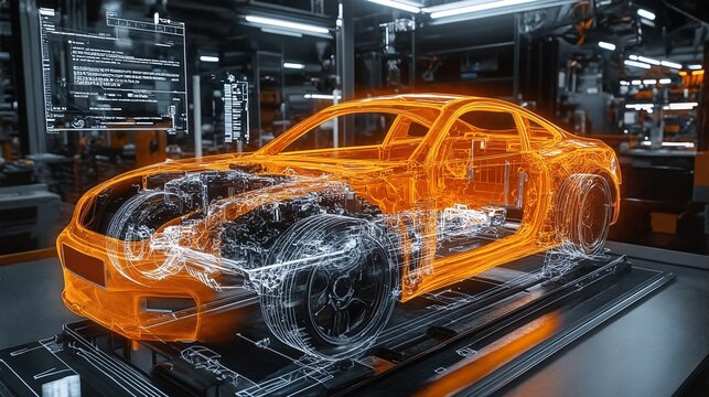 car manufacturing process with 3d digital design and engineering software.