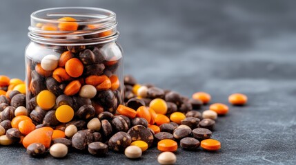 A jar overflowing with a mix of colorful candies, creating a tempting display of sweetness that invites indulgence and joy for candy lovers everywhere.