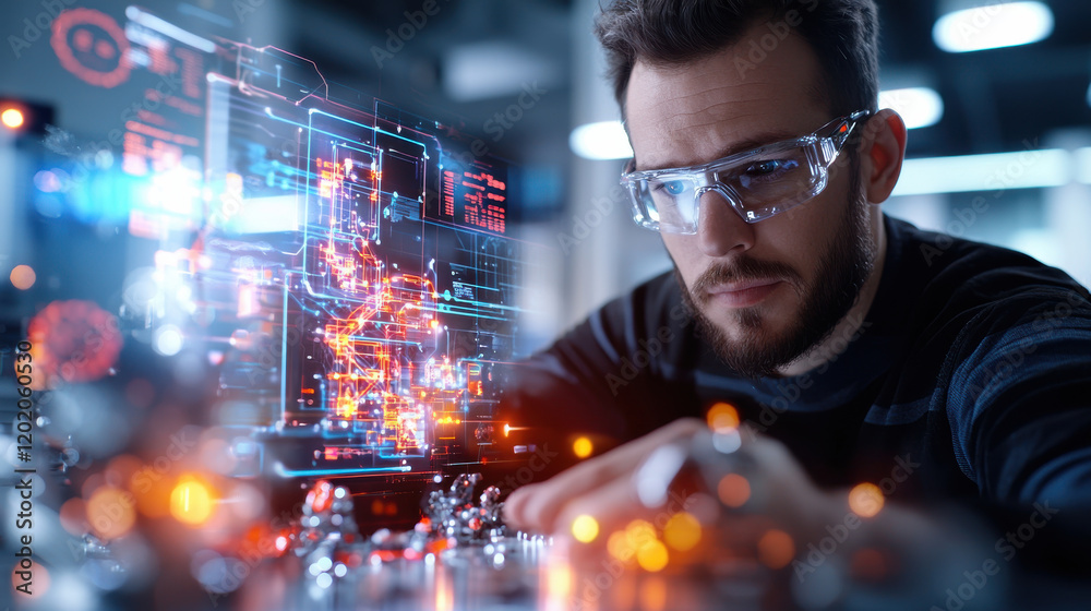 Poster focused engineer wearing glasses works on programming with digital interfaces and data visualization in modern workspace. scene conveys innovation and technology