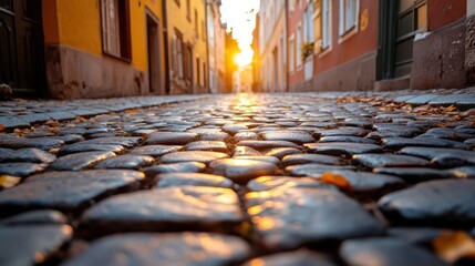A scenic view of a cobblestone street bathed in warm sunset light, capturing the charm and beauty of urban life, perfect for enhancing cityscape themes.