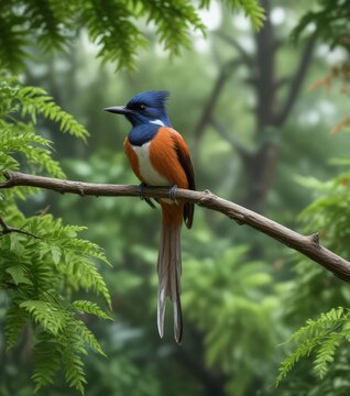Asian Paradise Flycatcher perched on a curved branch with lush green foliage surrounding it, small bird, tree branch, avian