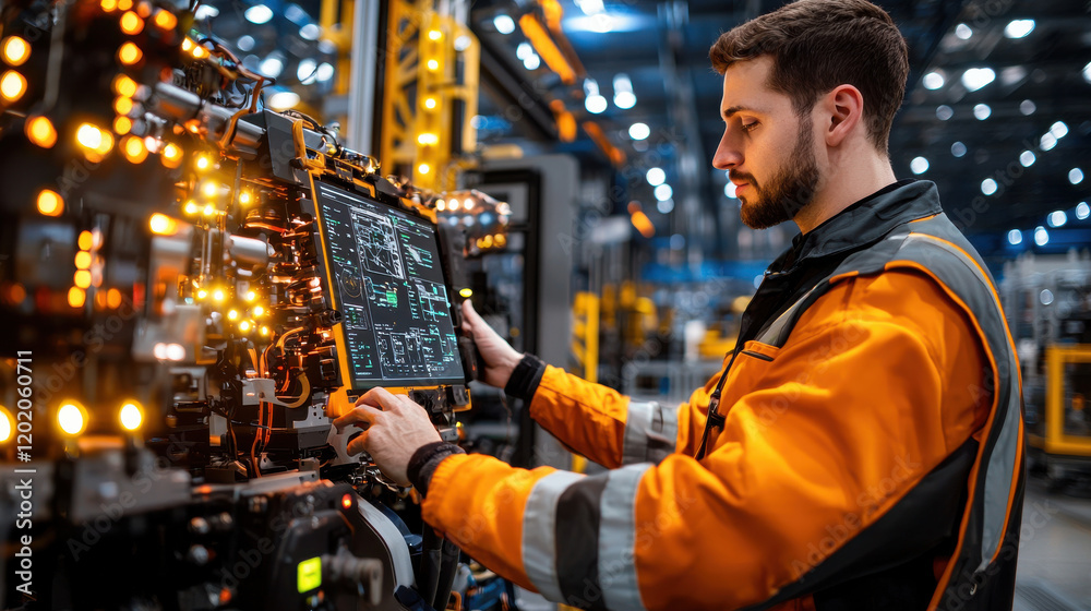 Fototapete focused engineer programming control panel in modern industrial setting, surrounded by machinery and