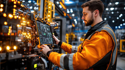focused engineer programming control panel in modern industrial setting, surrounded by machinery and illuminated by bright lights
