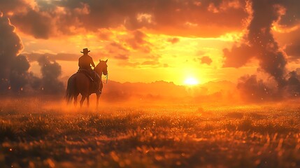 Fototapeta premium Rider on horseback at sunset dramatic landscape nature photography