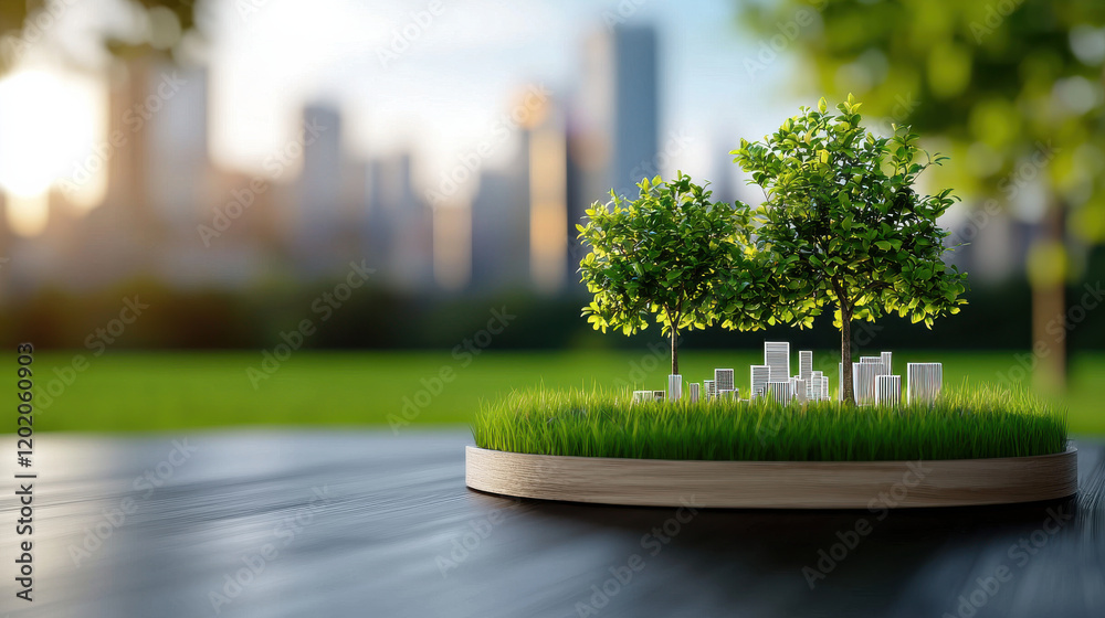 Poster conceptual rendering of sustainable city with trees and greenery, symbolizing eco friendly urban development and harmony with nature