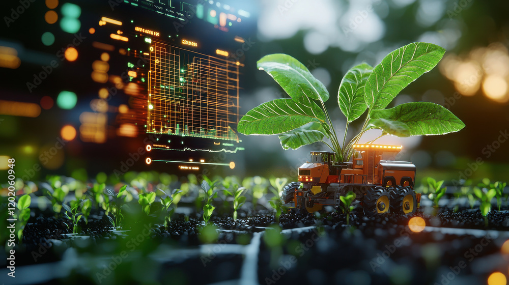 Aufkleber futuristic agricultural scene featuring small robotic vehicle tending to young plants, with digital data overlays showcasing growth metrics and technology integration
