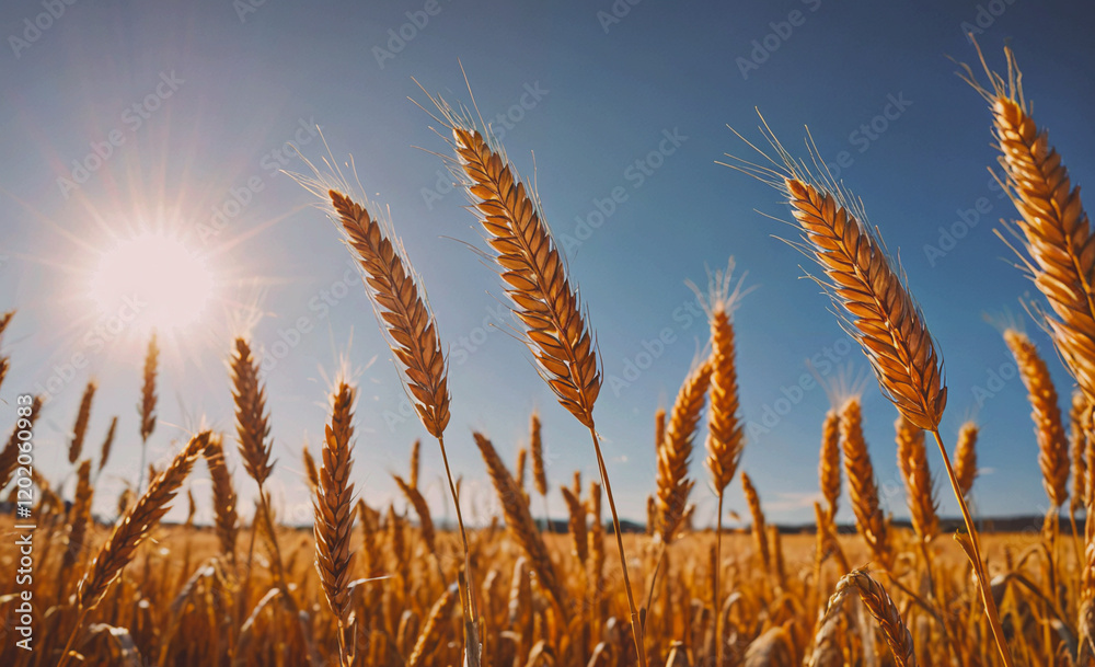 Aufkleber a field of golden wheat with the sun shining brightly in the background. the sun is casting a warm g