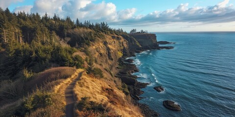 Obraz premium Scenic coastal view with cliffs and ocean under a cloudy sky.
