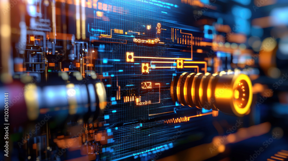 Poster digital representation of circuit board with glowing elements, showcasing technology and innovation. intricate design highlights complexity of modern electronics