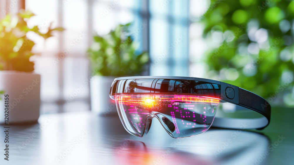 Poster futuristic wearable device with augmented reality features, showcasing vibrant graphics and sleek de