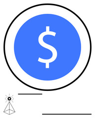 Circular blue icon with a white dollar symbol, surrounded by minimal black lines and an abstract geometric eye. Ideal for finance, economy, wealth, design, futuristic concepts, marketing, abstract