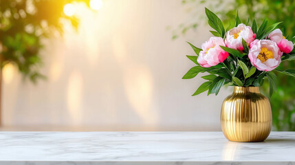 beautifully styled scene featuring marble dining table with golden vase filled with pink peonies, surrounded by greenery and warm sunlight, creating serene atmosphere