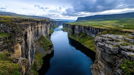 Obraz premium A wide-angle view of a majestic river flowing through a rugged canyon, framed by dramatic cliffs