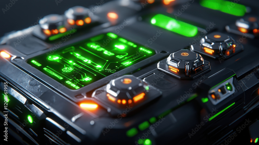 Leinwandbilder advanced robotics technology with glowing green and orange buttons, showcasing intricate design and 