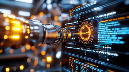 futuristic robotic arm interacts with digital interface, showcasing advanced technology and intricate designs. glowing elements create captivating atmosphere