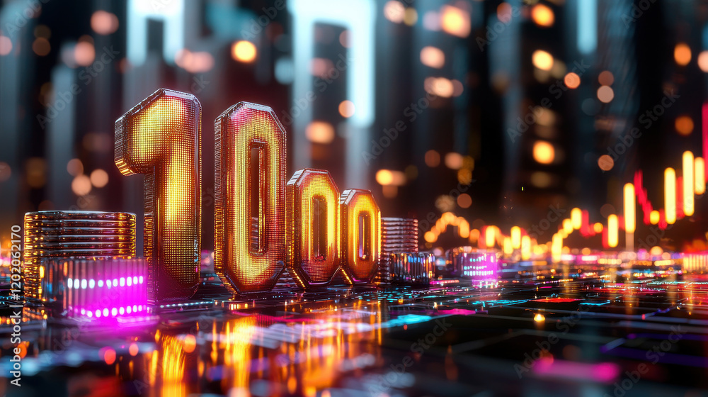 Poster cinematic 3d visualization of financial analysis with glowing numbers and cityscape. vibrant colors 