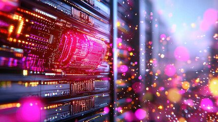 vibrant, futuristic data center with glowing servers and colorful lights creates dynamic atmosphere, showcasing advanced technology and innovation