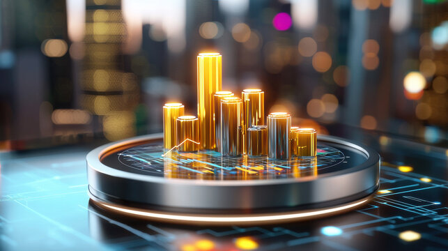 futuristic 3D rendering of technology platform showcasing glowing bar graphs representing data analysis and growth. vibrant city skyline adds depth and context