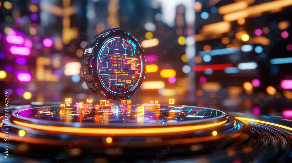 Aufkleber futuristic data science lab with vibrant lights and digital interfaces, showcasing advanced technology and innovation in visually striking environment
