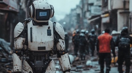 A dystopian scene where a robot stands amidst the ruins of a city, surrounded by debris and rubble, with humans standing in the background, hinting at a potential war between the two species.