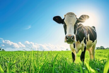 Dairy Cow on a Green Field, with a Bright Blue Sky and Sunlight in the Background