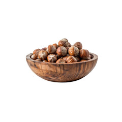 Fototapeta premium Hazelnut Harvest: A rustic wooden bowl overflowing with a generous pile of whole hazelnuts, their rich brown shells gleaming under soft light.