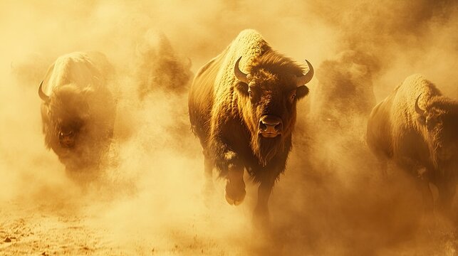 1. "A Large Herd of Wild American Bison (Buffaloes) Running in a Dusty Plain, Symbolizing the American Far West and the US National Mammal"