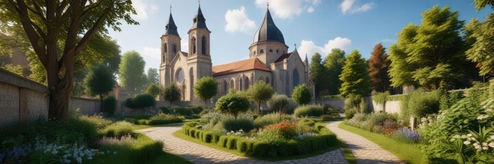 Fototapeta premium Beautifully manicured gardens surrounding the Church of Saints Cyril and Methodius , methodius, gardens, landscaping