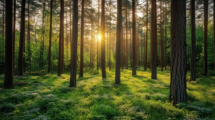 Sunlit Forest Path: Golden sunlight streams through tall pine trees, illuminating a tranquil forest floor carpeted with vibrant green moss and wildflowers.