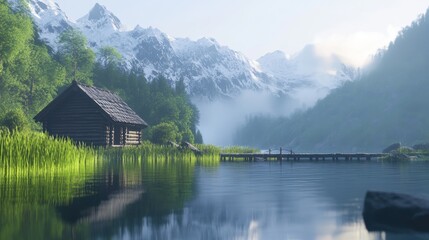 Fototapeta premium Serene Mountain Lake Cabin: A rustic wooden cabin nestled by a tranquil mountain lake, reflecting the snow-capped peaks and morning mist, evokes a sense of peace and solitude. 