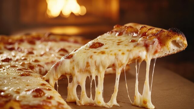 A mouthwatering pizza slice showcases the stretchy cheese pulling from the pie, emphasizing the richness and allure that draws pizza lovers to their favorite dish.