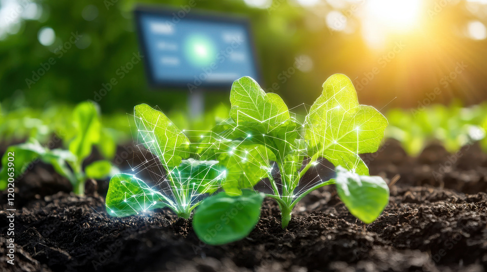 Poster innovative sensors monitor plant growth in vibrant garden setting, showcasing advanced technology in