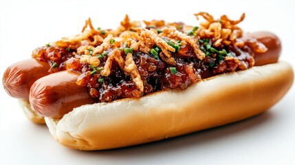 Perfectly grilled gourmet hot dogs topped with savory sauces and crispy onions, bringing a touch of excitement to classic street food, ideal for casual picnics and outdoor gatherings.