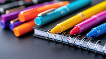 Colorful gel pens and pastel highlighters arranged on black notebook, creating vibrant and creative workspace. Perfect for students and artists alike
