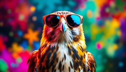 Cool Falcon: Vibrant Rainbow Portrait with Sunglasses