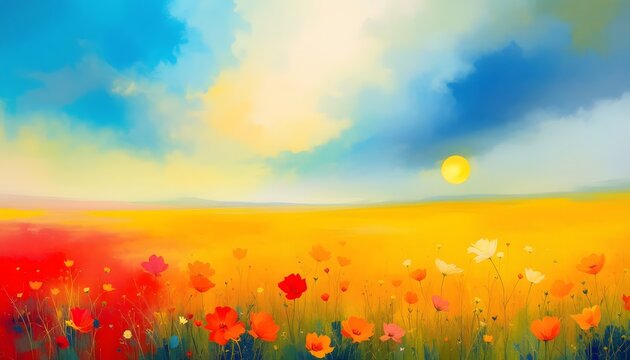 Vibrant Sunset Field of Flowers Landscape Painting