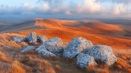 Sunrise over rocky mountain plateau with colorful autumn hills and cloudy sky