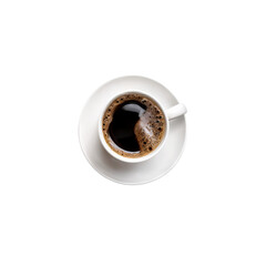 Fototapeta premium Aromatic Black Coffee: Overhead shot of a cup of freshly brewed black coffee, showing rich dark crema and steam. Perfect for coffee lovers and those who appreciate simple elegance. 