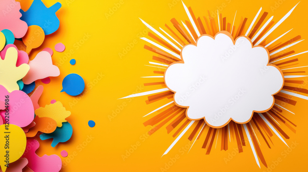 Aufkleber Bright and colorful speech bubbles on vibrant yellow background, featuring blank comic style speech bubble for text. Perfect for creative communication and design projects